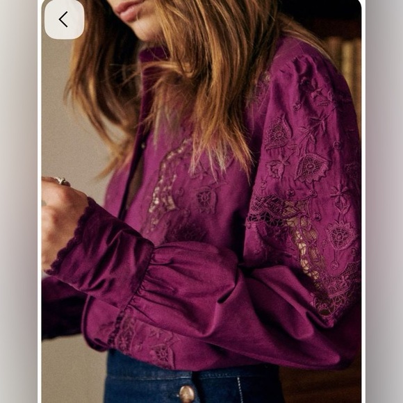 Sézane Honey Shirt Purple Sz 2 Romantic Lace Cotton Blouse French Chic Top - Picture 2 of 12